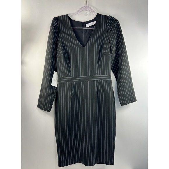 NWT Ali & Jay Dress Women's Sz M Black Pinstripe V-Neck Long Sleeve Org $128